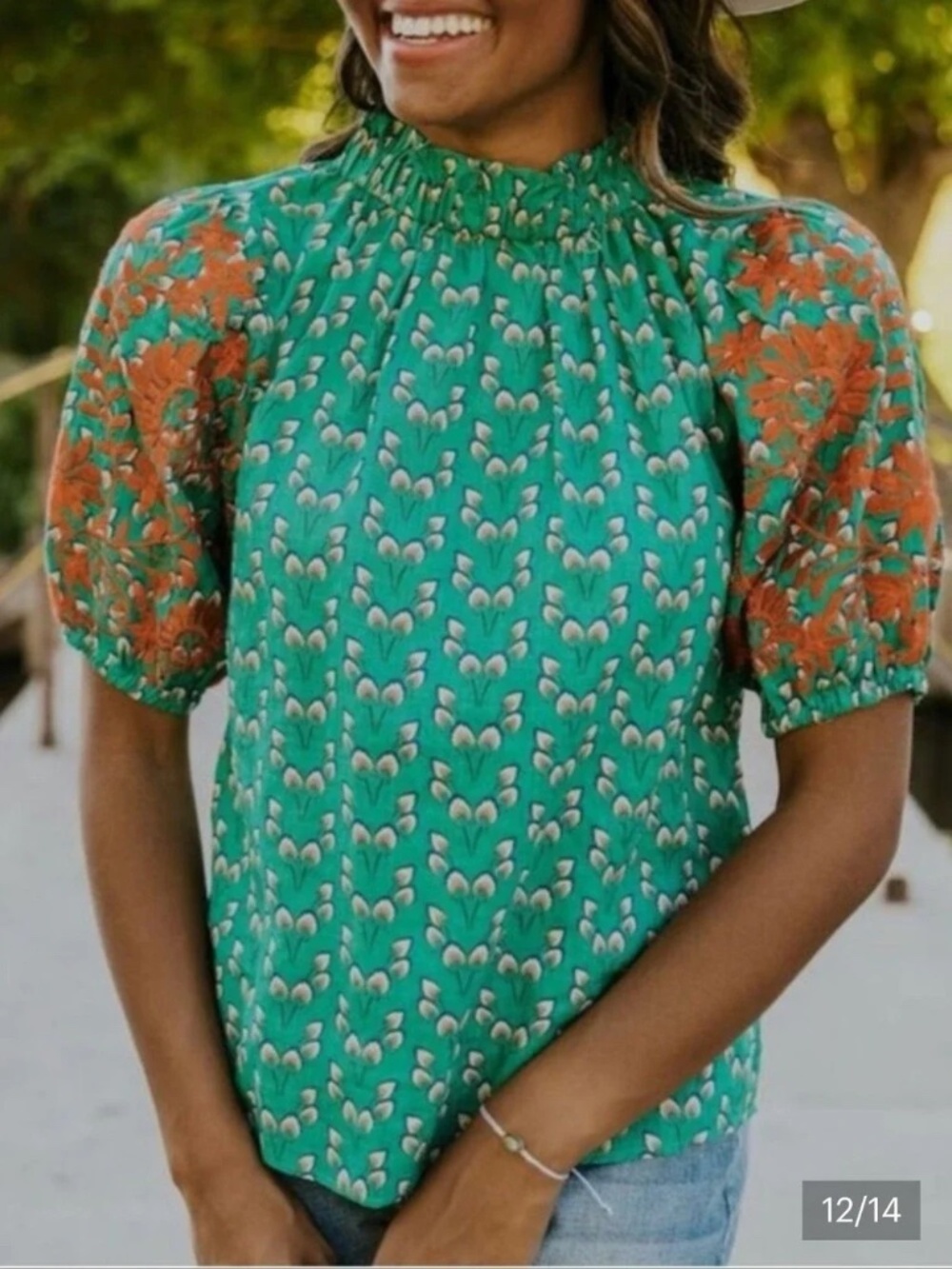 Women's THML Green Print Puff Sleeve with Orange Embroidery Blouse XS